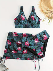 Marble Print Bikini Set with Lace Up Side Ruched Cover Up Skirt
