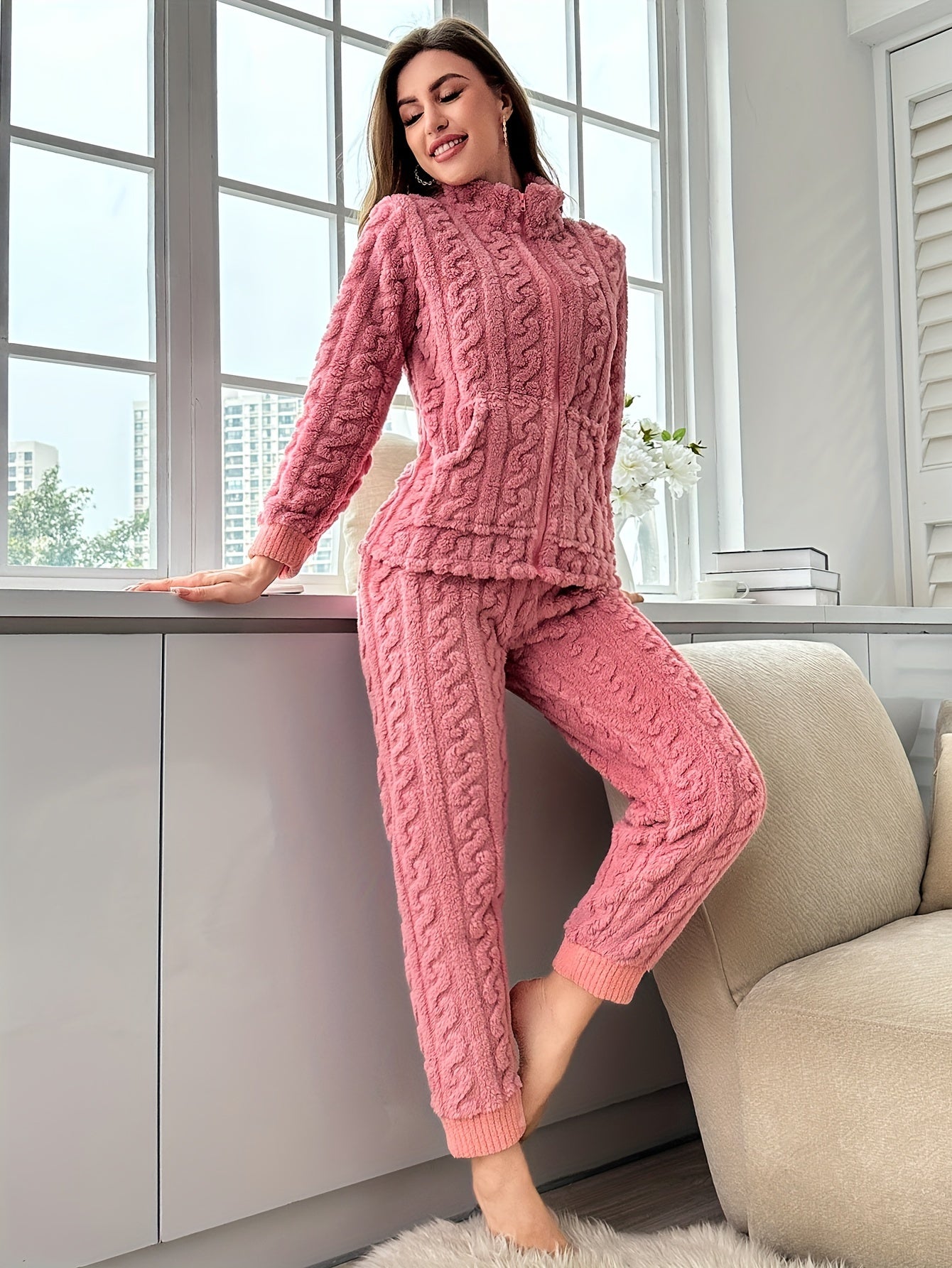 Cozy Fuzzy Lounge Set Long Sleeve Top & Elastic Waistband Pants