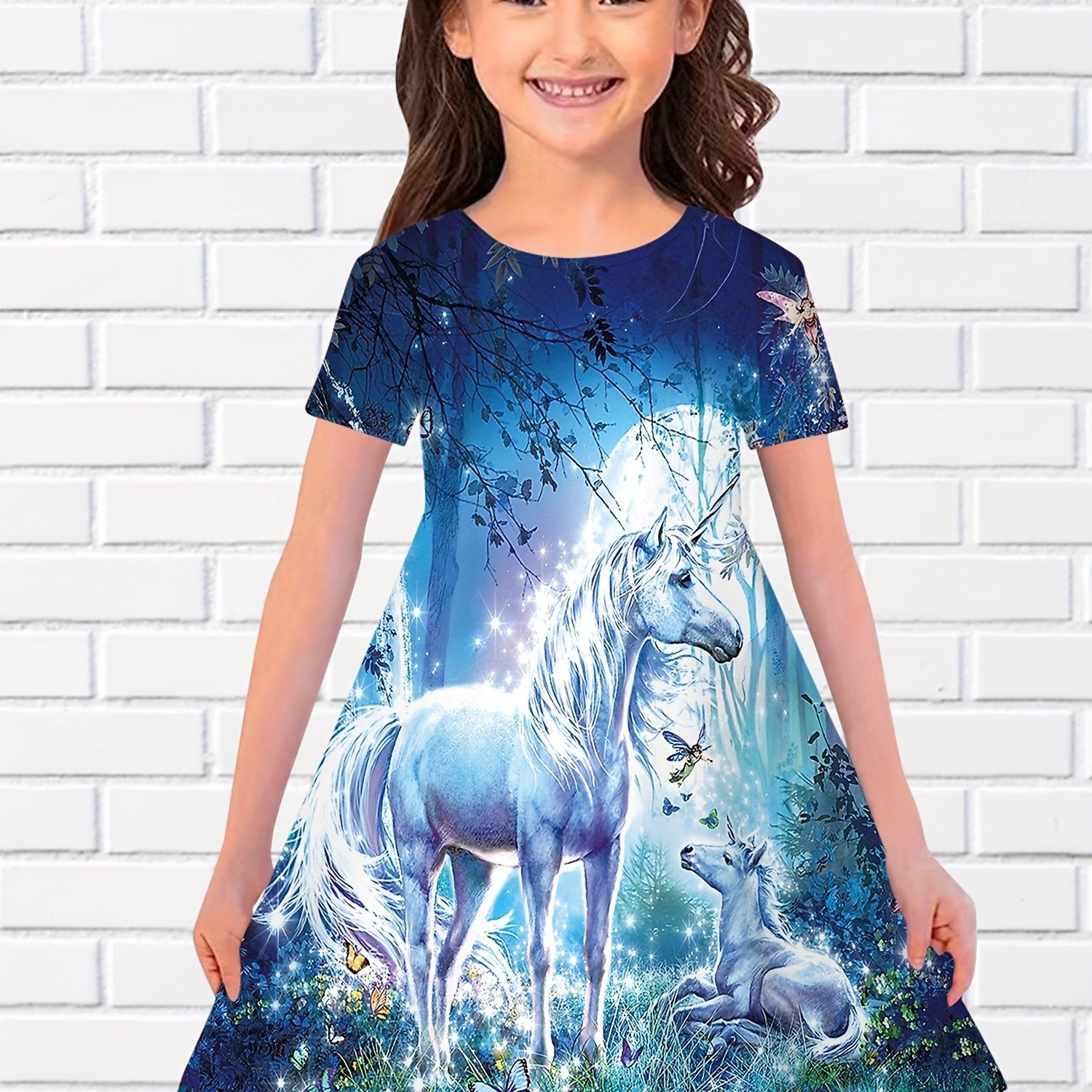 3D Unicorn In Magic Forest Pattern Short Sleeve Dress Girls Comfy Dresses