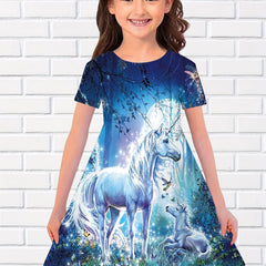 3D Unicorn In Magic Forest Pattern Short Sleeve Dress Girls Comfy Dresses