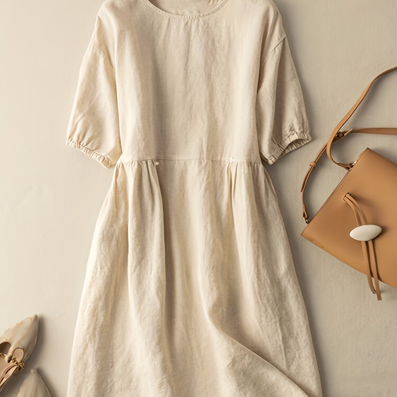 Solid Crew Neck Short Sleeve Dress for Women