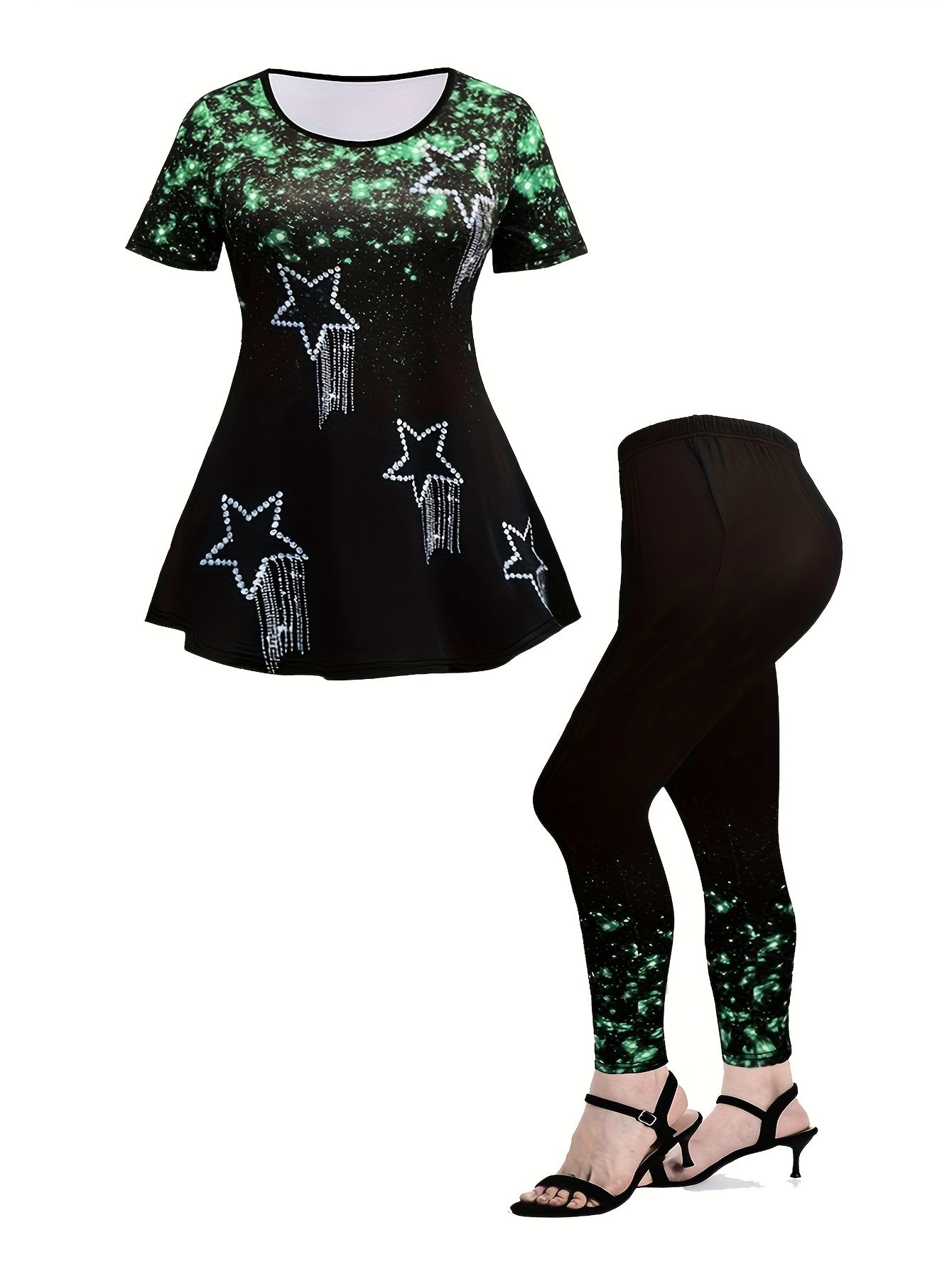 Women's Plus Glitter Floral Print Top & Leggings Set