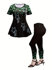 Women's Plus Glitter Floral Print Top & Leggings Set