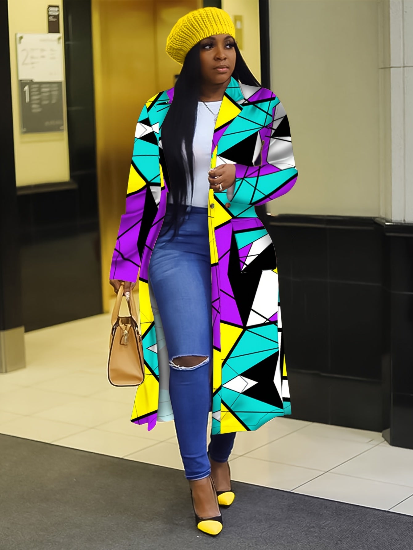 Y2K Geo Print Lapel Long Coat Women's Outerwear