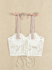 Floral Lace Tie Shoulder Lace Up Back Cami Top