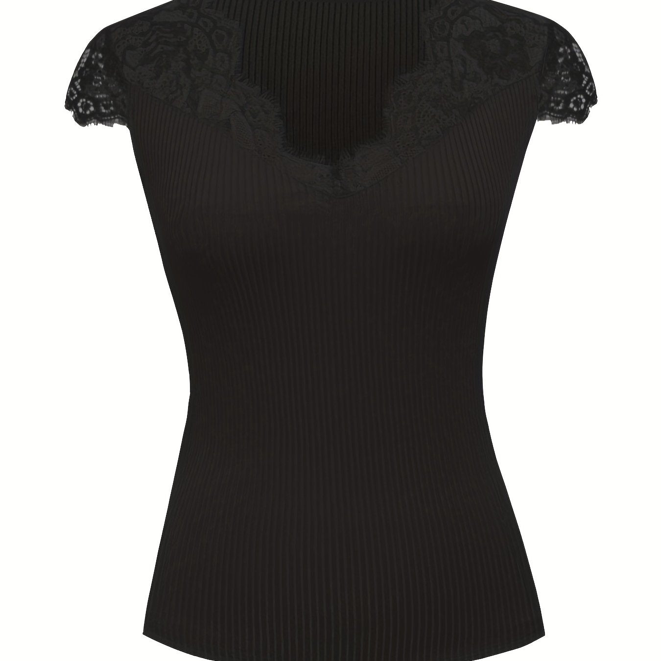 Lace Cap Sleeve Solid V Neck Top