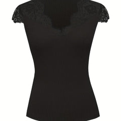 Lace Cap Sleeve Solid V Neck Top
