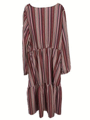 Stripe Print Long Sleeve Dress With Belt