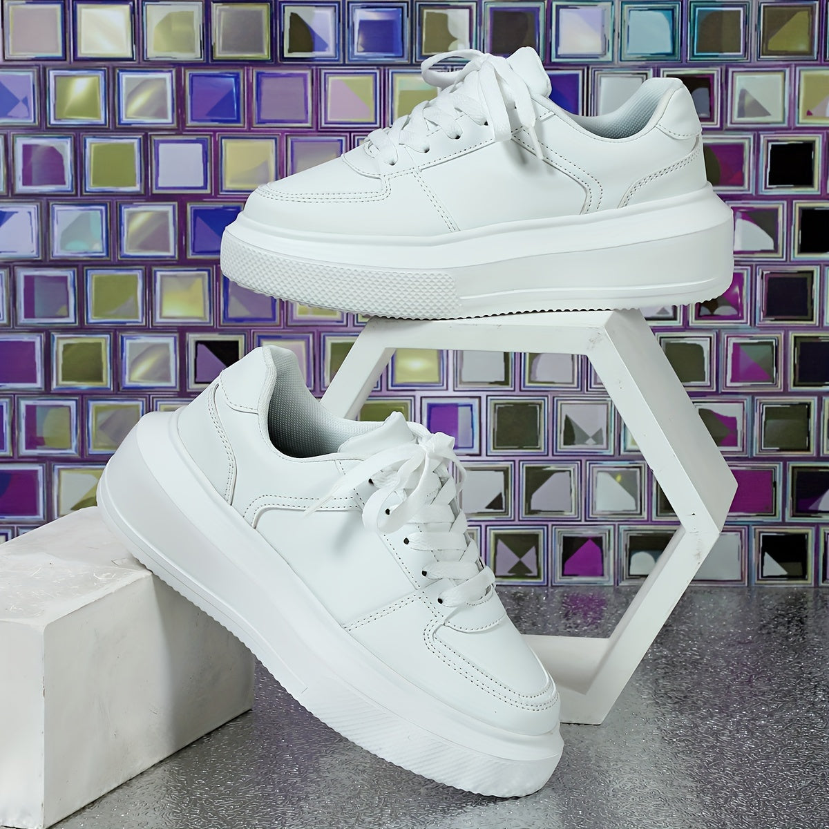 Faux Leather Chunky Sneakers Lace Up Skate Shoes