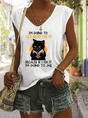 Cartoon Cat Tank Top Sleeveless V Neck Casual Top for Women