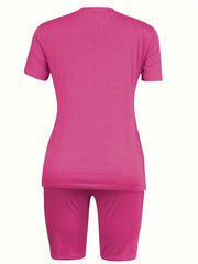 Casual 2pc Set Crew Neck Tee & Slim Shorts Women's Outfit