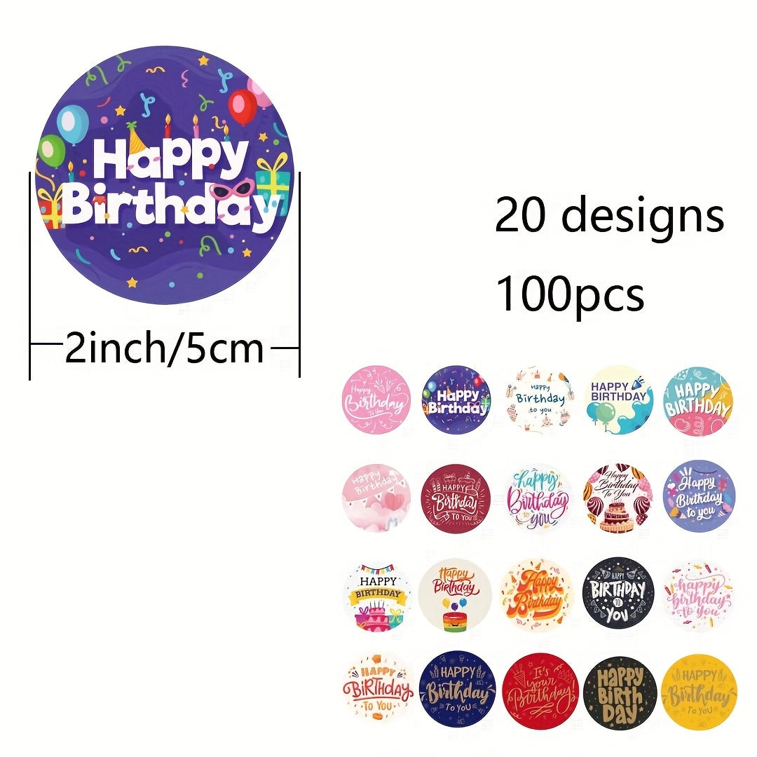100 High Waterproof Happy Birthday Thank You Stickers 2" Large Size - 20 Designs