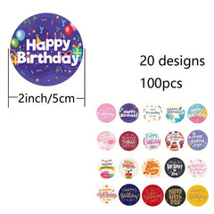 100 High Waterproof Happy Birthday Thank You Stickers 2" Large Size - 20 Designs