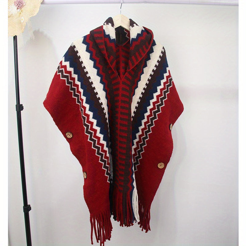 Striped Tassel Shawl Bohemian Block Warm Wrap Ruffles Knitted