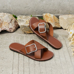 Women's Cross Strap Flat Sandals Open Toe Buckle Casual Slides
