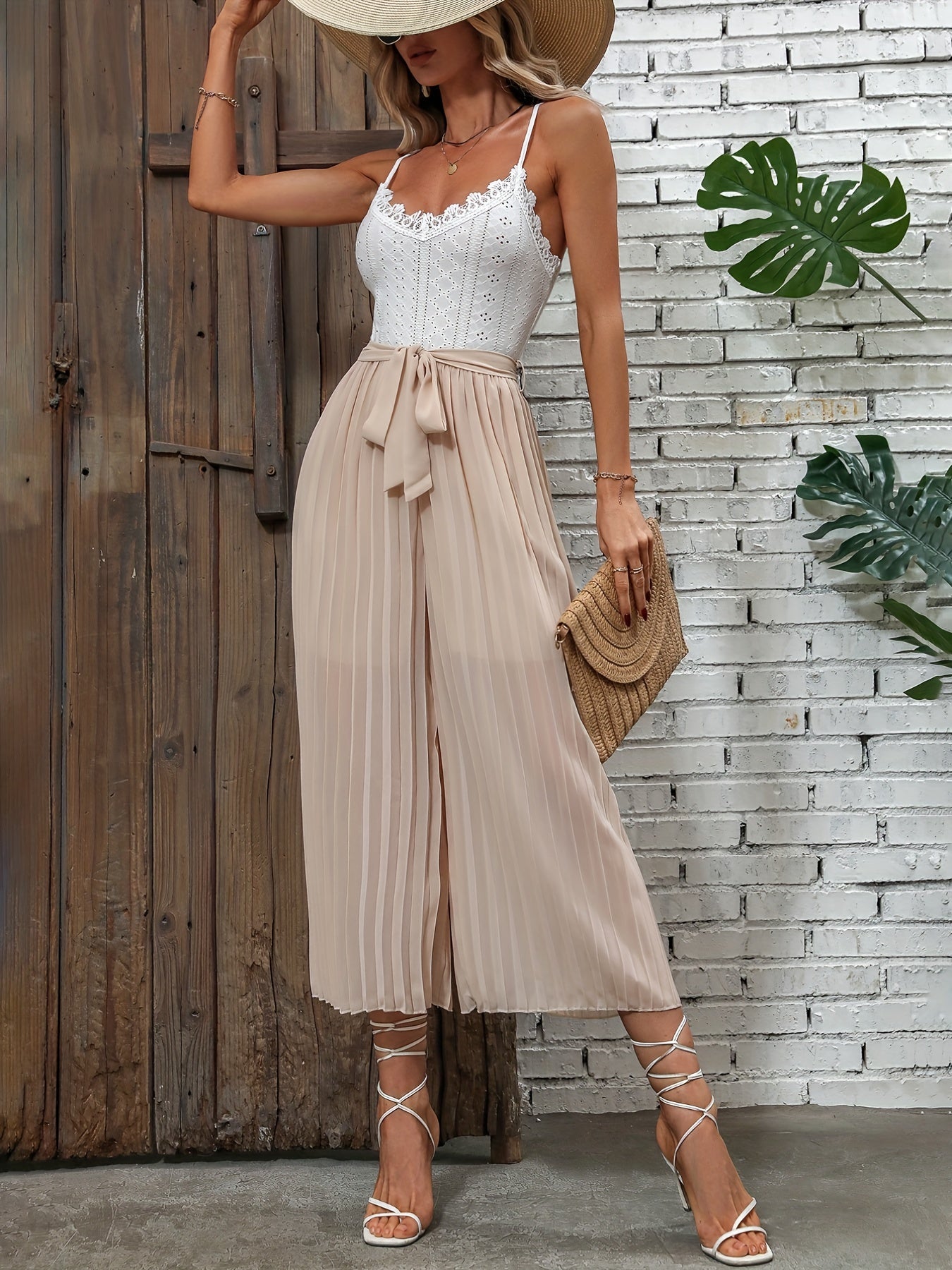 Eyelet Pleated Wide Leg Cami Jumpsuit Sleeveless Belted Jumpsuit