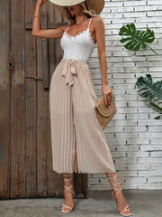 Eyelet Pleated Wide Leg Cami Jumpsuit Sleeveless Belted Jumpsuit
