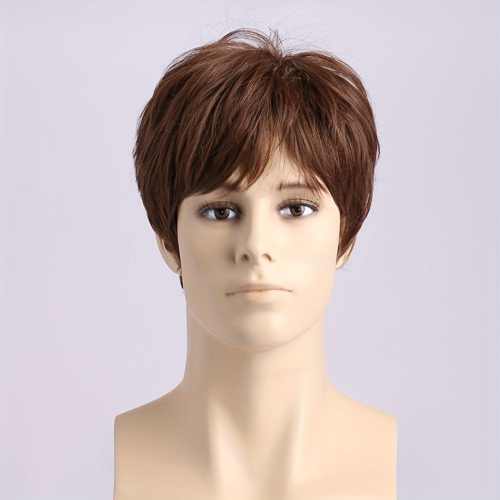 Men's Brown Short Curly Wig Daily Wear Headgear