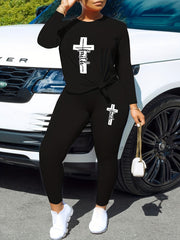 Cross & Letter Print Long Sleeve T-shirt & Leggings Set