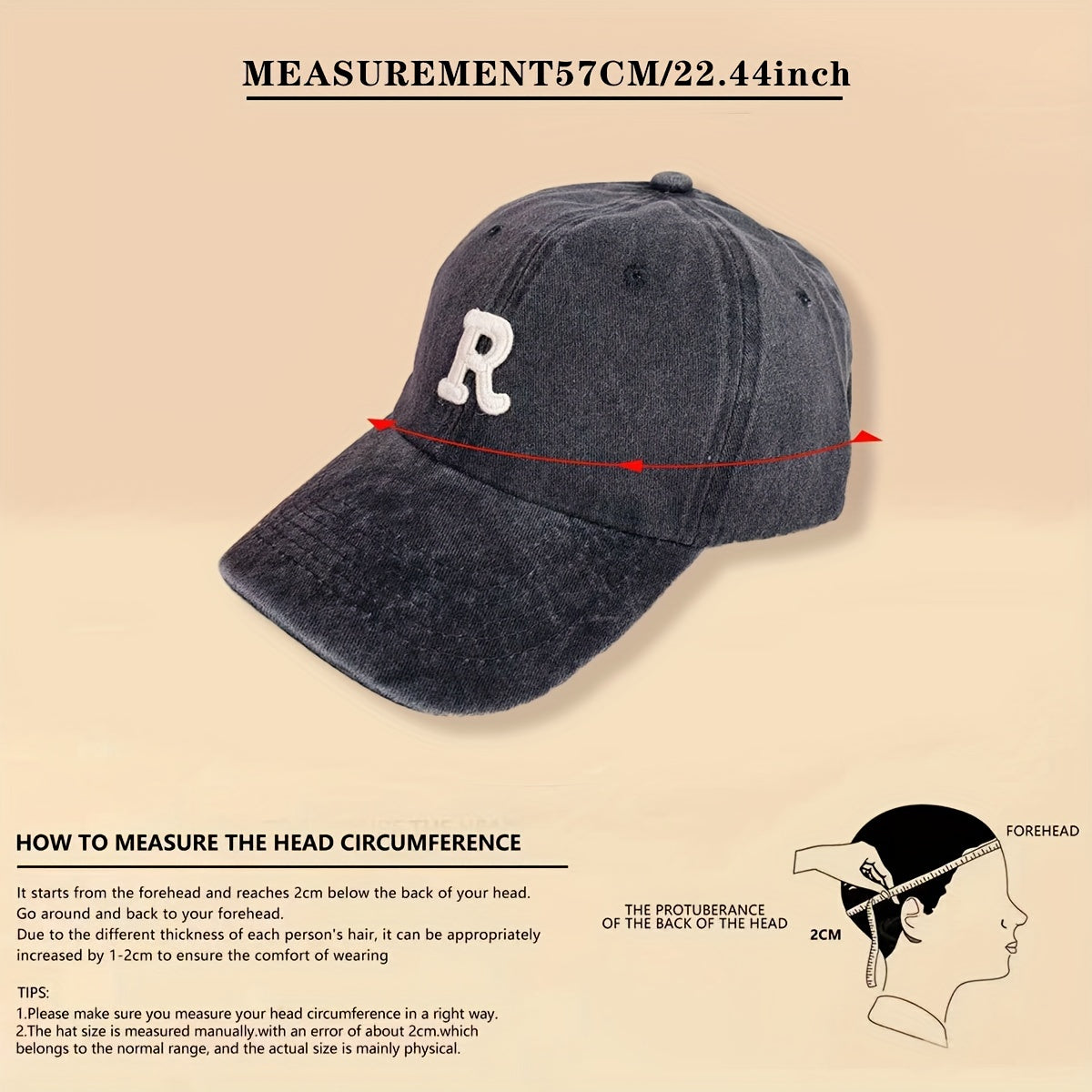 R Shaped Washed Baseball Cap Sun Hat for Men and Women