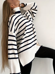 Stripe Print Long Sleeve High Neck Sweater