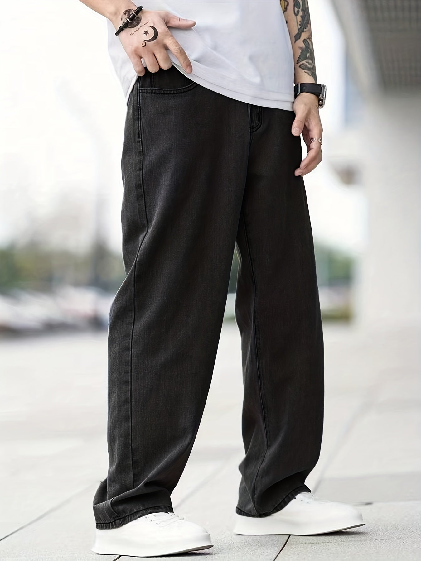 Casual Wide Leg Jeans Men's Solid Denim Pants