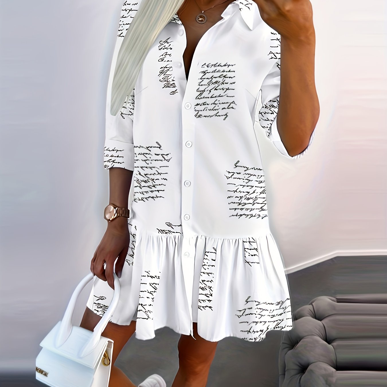 Women's Letter Print Long Sleeve Shirt Dress