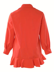 Plus Size Lantern Sleeve Shirt Dress with Ruffle Trim