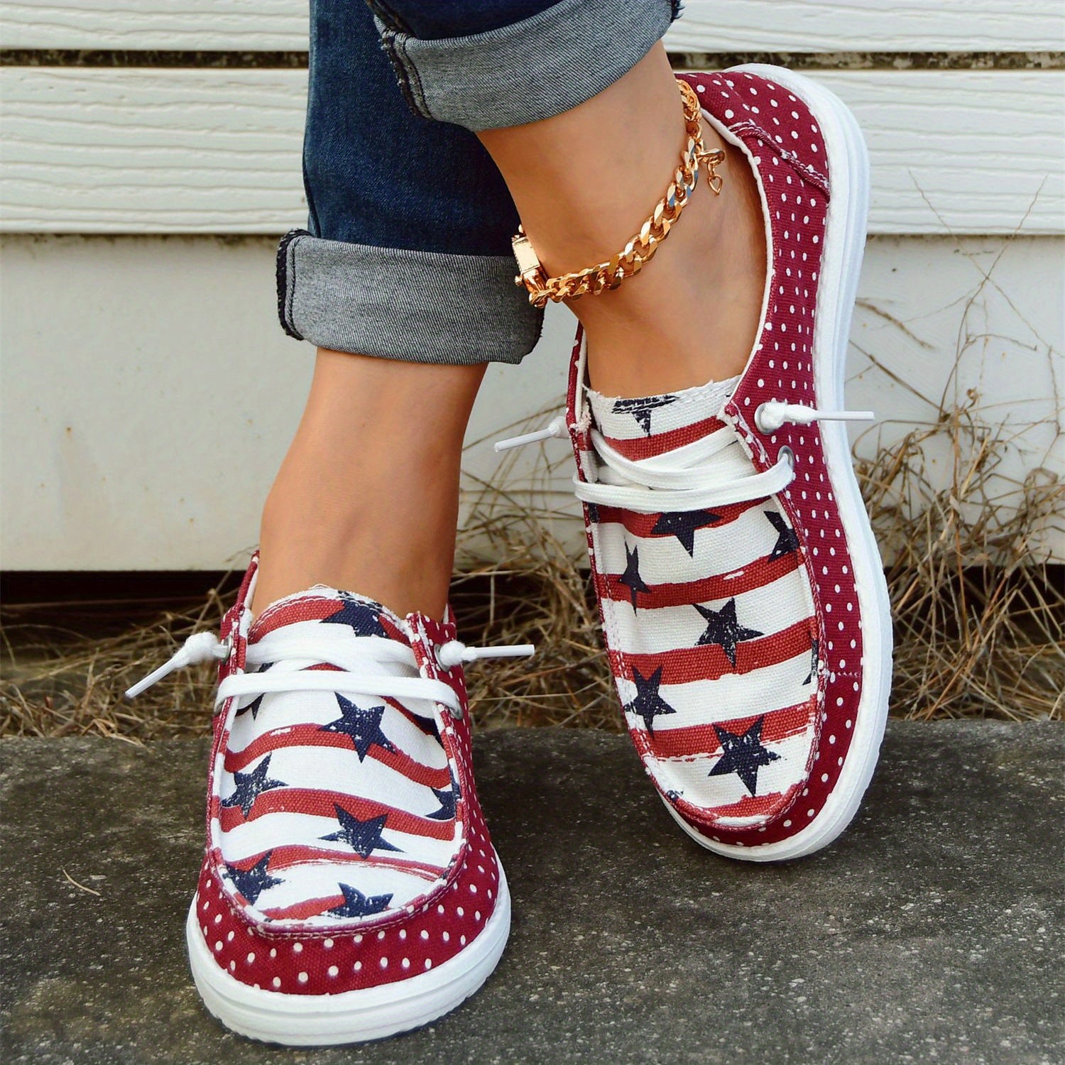 Polka Dot Canvas Shoes Star Pattern Low Top Lace Up Casual Shoes