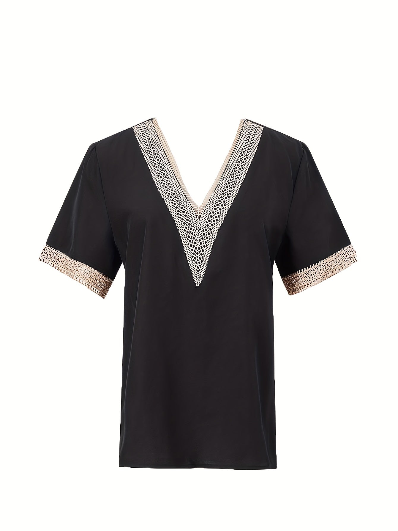 Lace Trim Splicing Blouse V Neck Short Sleeve Comfy Blouse