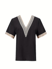 Lace Trim Splicing Blouse V Neck Short Sleeve Comfy Blouse