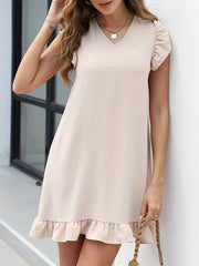 Ruffle Trim Solid Dress Casual V Neck Mini Dress Women's Clothing