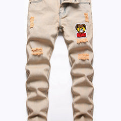 Boys Bear Print Ripped Jeans Skinny Slim Fit Washed Denim Long Pants