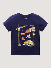 Boys Construction Site Print Summer T shirt Kids Casual Short Sleeve Cotton