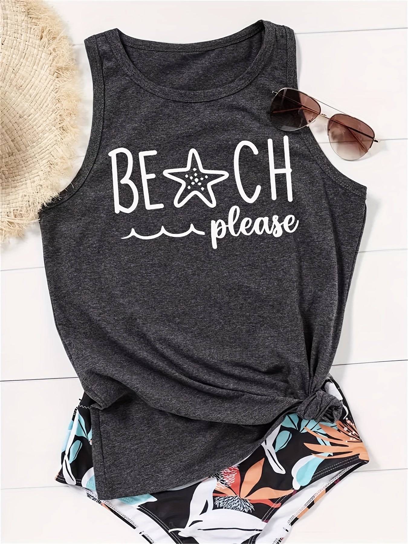 Beach Letter Print Tank Top Women's Crew Neck Casual Tee