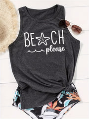 Beach Letter Print Tank Top Women's Crew Neck Casual Tee