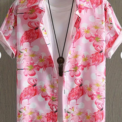 Flamingo Print Men's Casual Short Sleeve Shirt for Summer