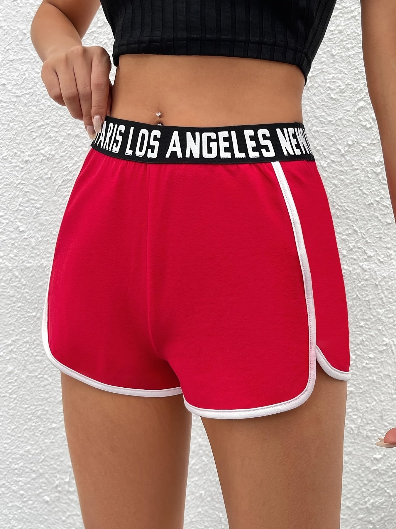 Letter Tape Contrast Trim High Waist Shorts Women's Clothing