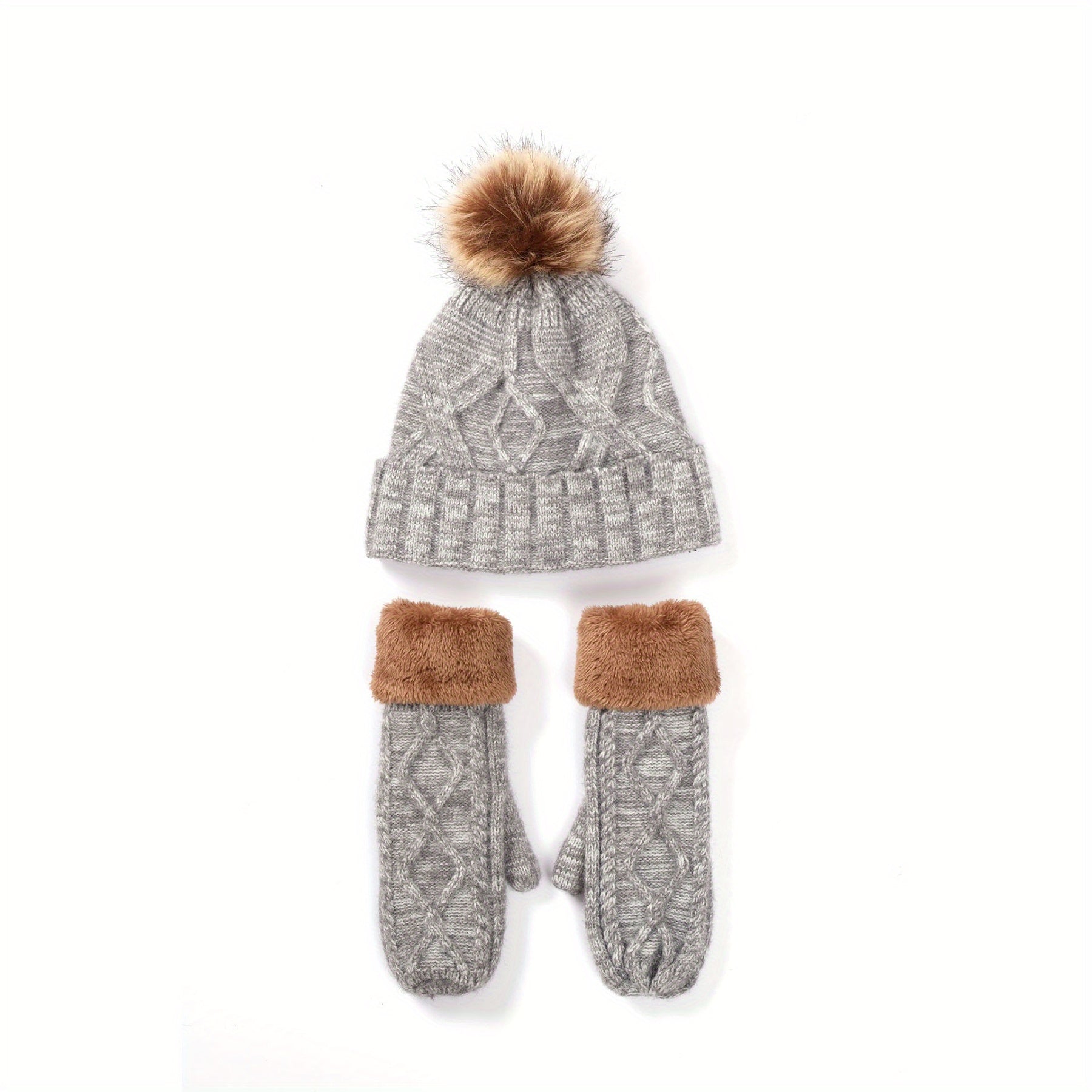 3pcs Ribbed Beanie Scarf Gloves Set Knit Pom Pom Decor Elastic Coldproof