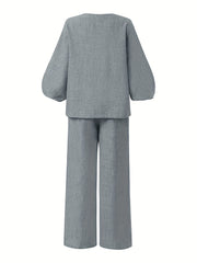 Solid V Neck Sleeve Top & Wide Leg Pants Set Women's Clothing