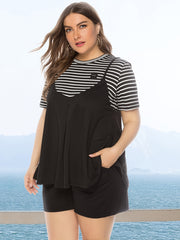 Colorblock Strip Print T-shirt & Shorts Set Plus Size Women's 2pcs Set