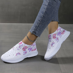 Women's Rhinestone Sock Shoes Butterfly & Floral Print Knitted Low Top Sneakers