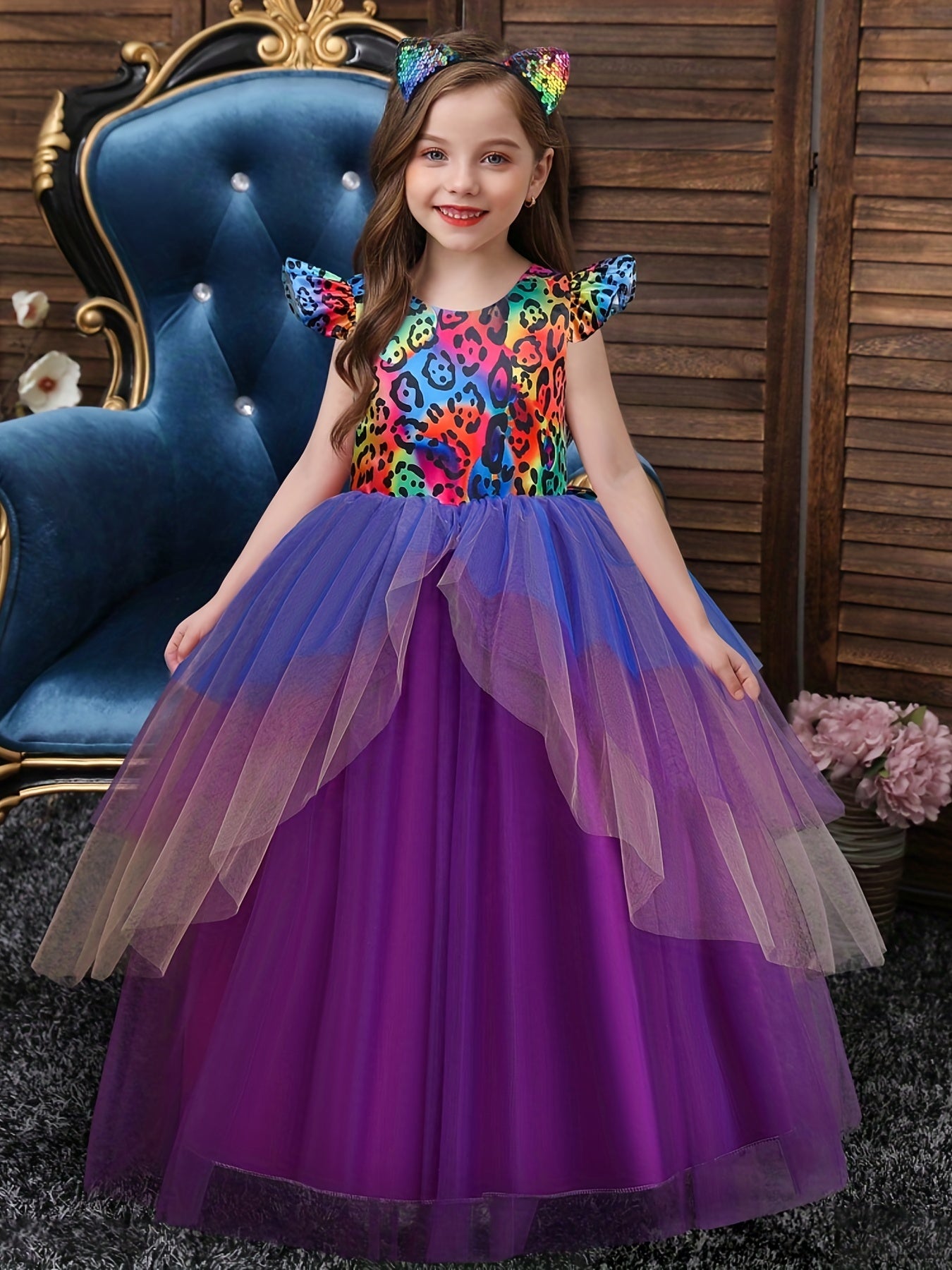 2pcs Ruffled Mesh Dress & Headband Leopard Pattern A Line Dress Halloween