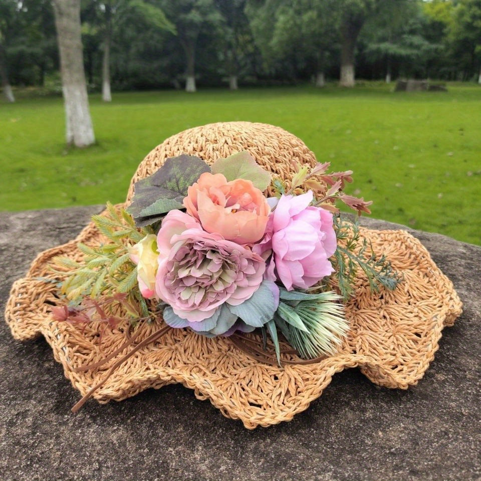 Flower Garland Decor Sun Hat Ruffles Straw Hats UV Protection Beach Hat