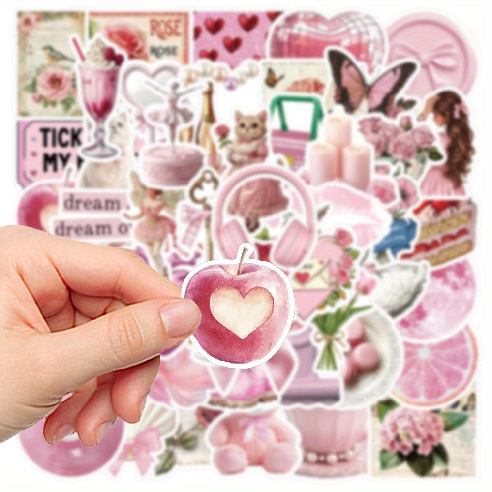 50 Pink Cartoon Vinyl Stickers Cats Floral Hearts Quotes Decals