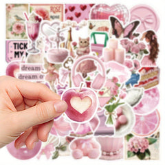 50 Pink Cartoon Vinyl Stickers Cats Floral Hearts Quotes Decals