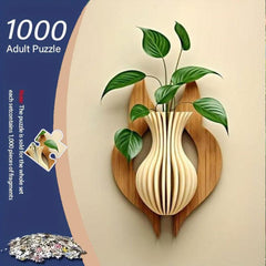 3D Vase Puzzle 1000pcs Wooden Texture & Green Leaves Challenge Adults