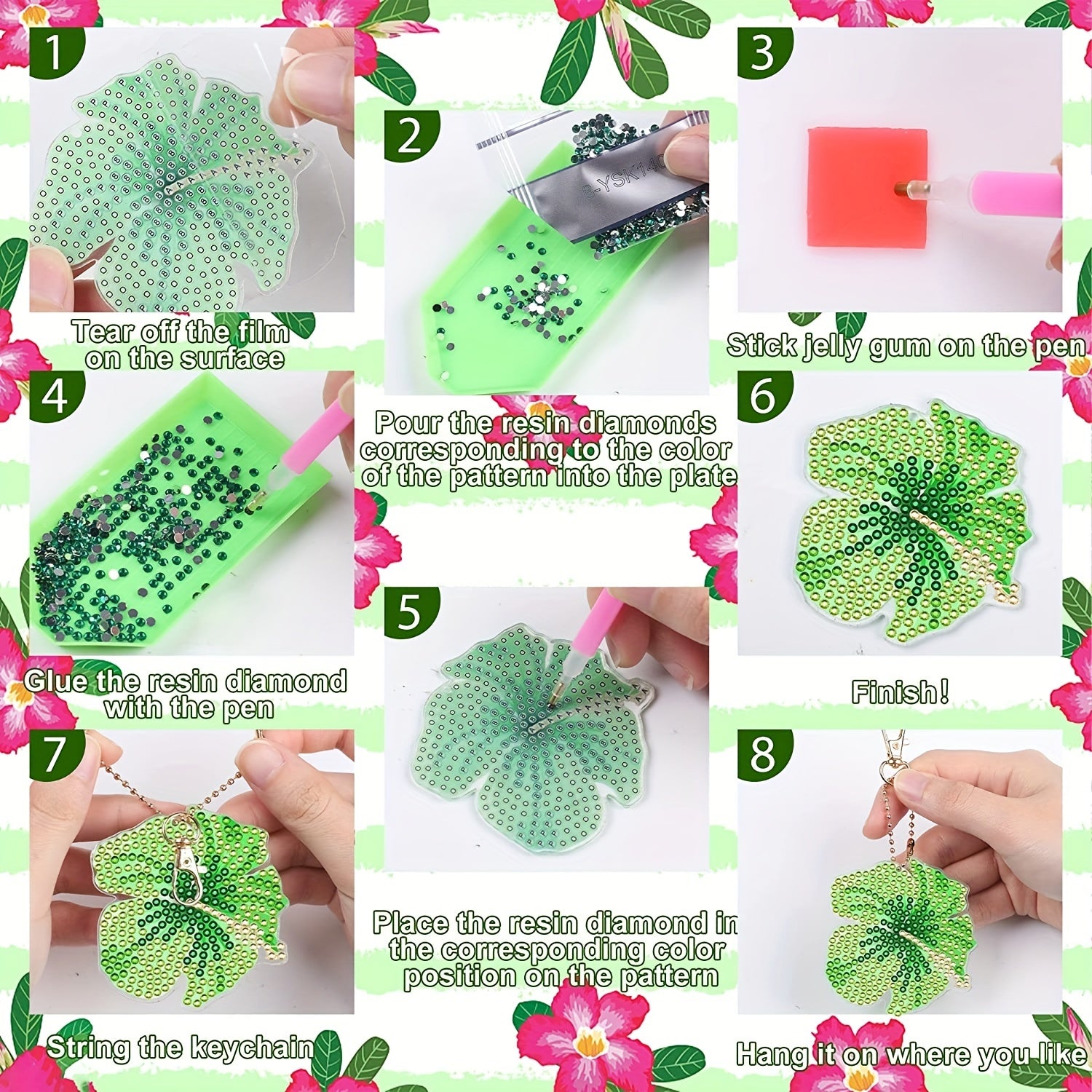 10pcs Tropical Floral Diamond Key Chain DIY Crafts