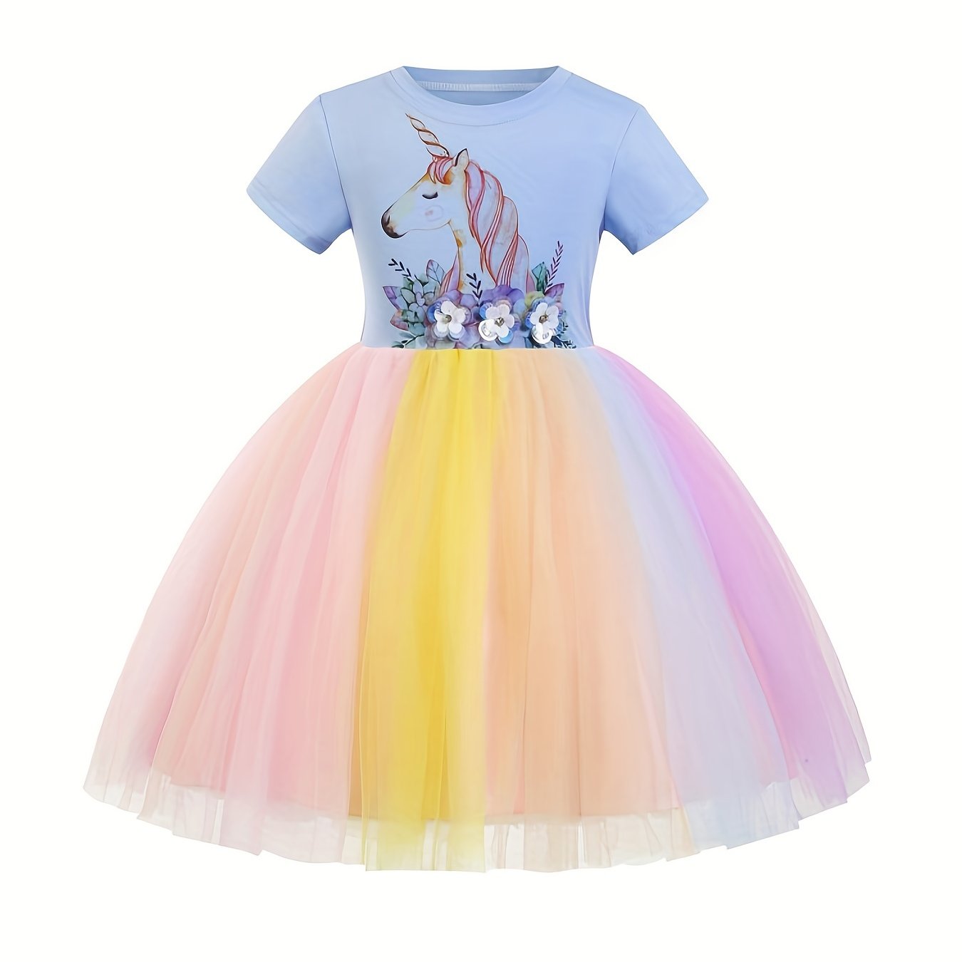 2pcs Girls Unicorn T shirt&Rainbow Dress Set For Summer