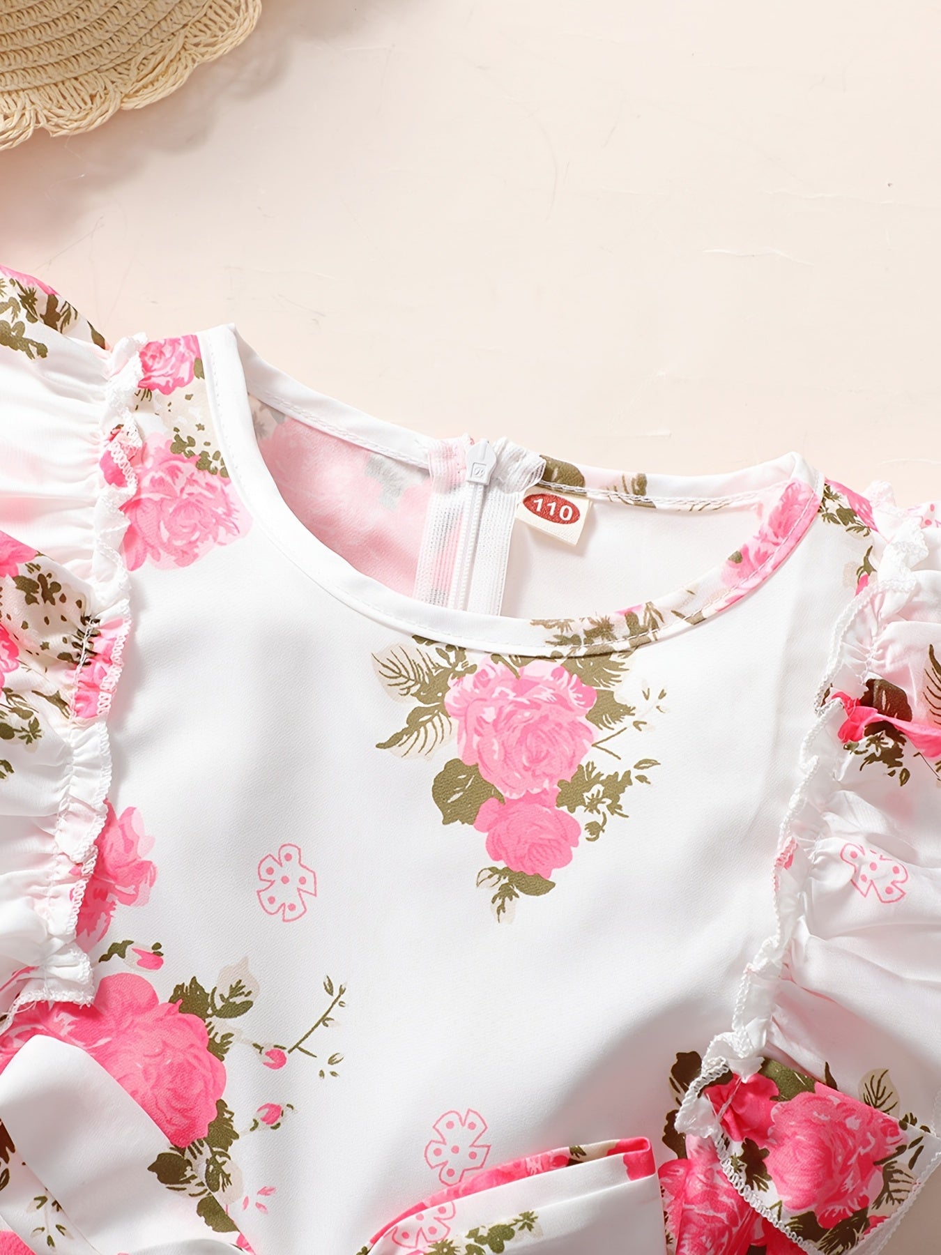 Girls Flowers Print Romper Sleeveless Ruffles Jumpsuit With Belt